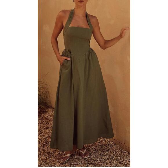 Commense Dresses & Skirts - Commense Olive Green Linen and Cotton Halter Maxi Dress Sz S Boho Lagenlook NWT